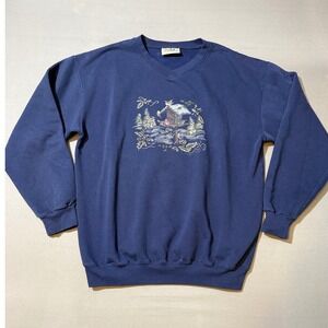 Northern Traditions V-Neck Sweatshirt Women's Blue‎ Birdhouse Nature Graphic L